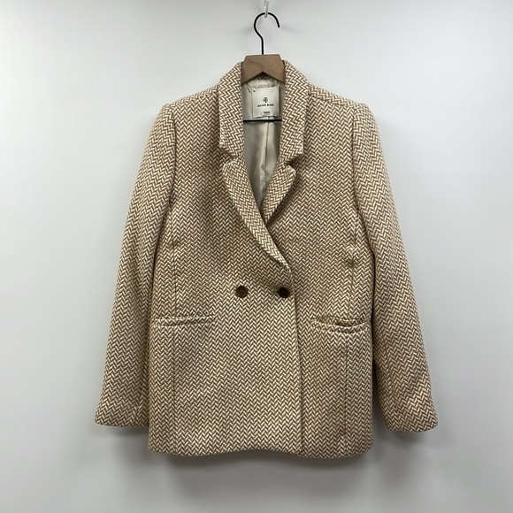 Anine Bing Tweed Fishbone Herringbone Double Breasted Blazer Jacket Tan Small - Picture 5 of 15